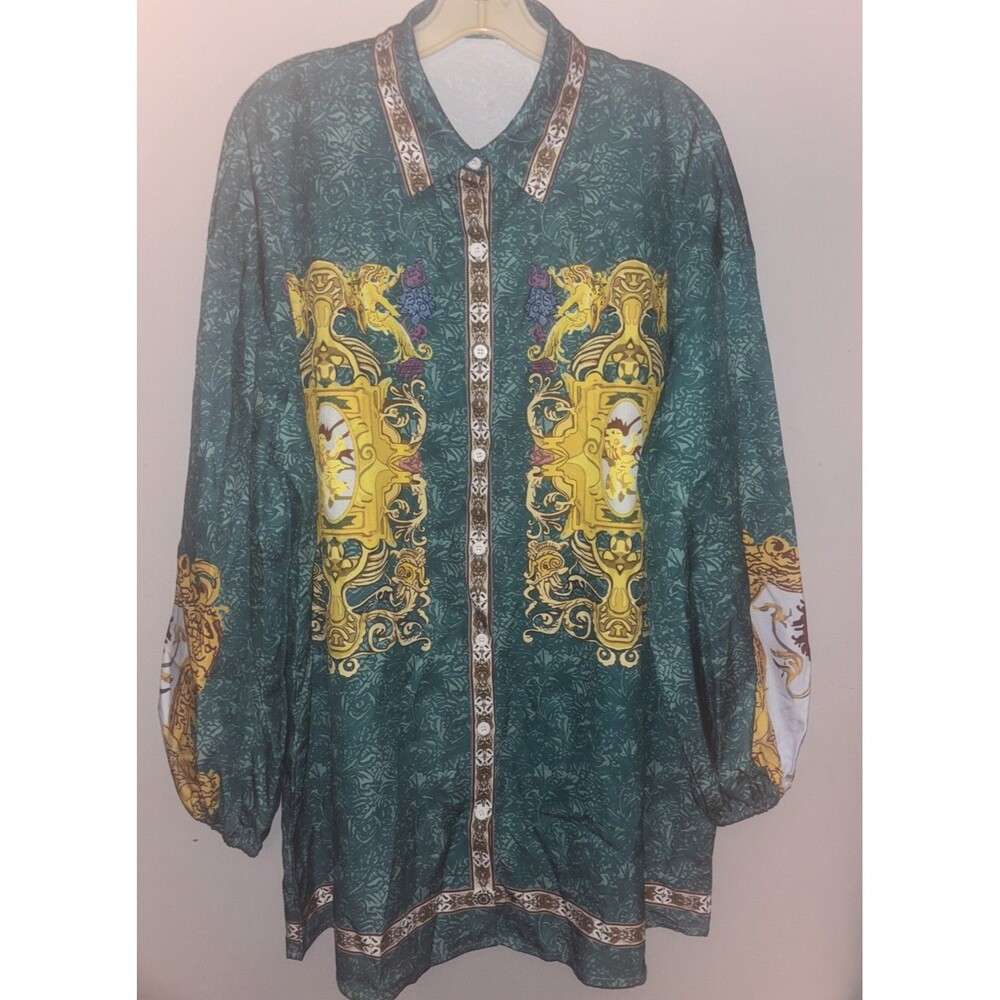 Shirt Dress Multi Print Collared Button Down Front Elastic Sleeve Hem Sz XL